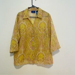 J H collectibles woman’s Yellow and Pink Button-Up Blouse size 1X paisley sheer